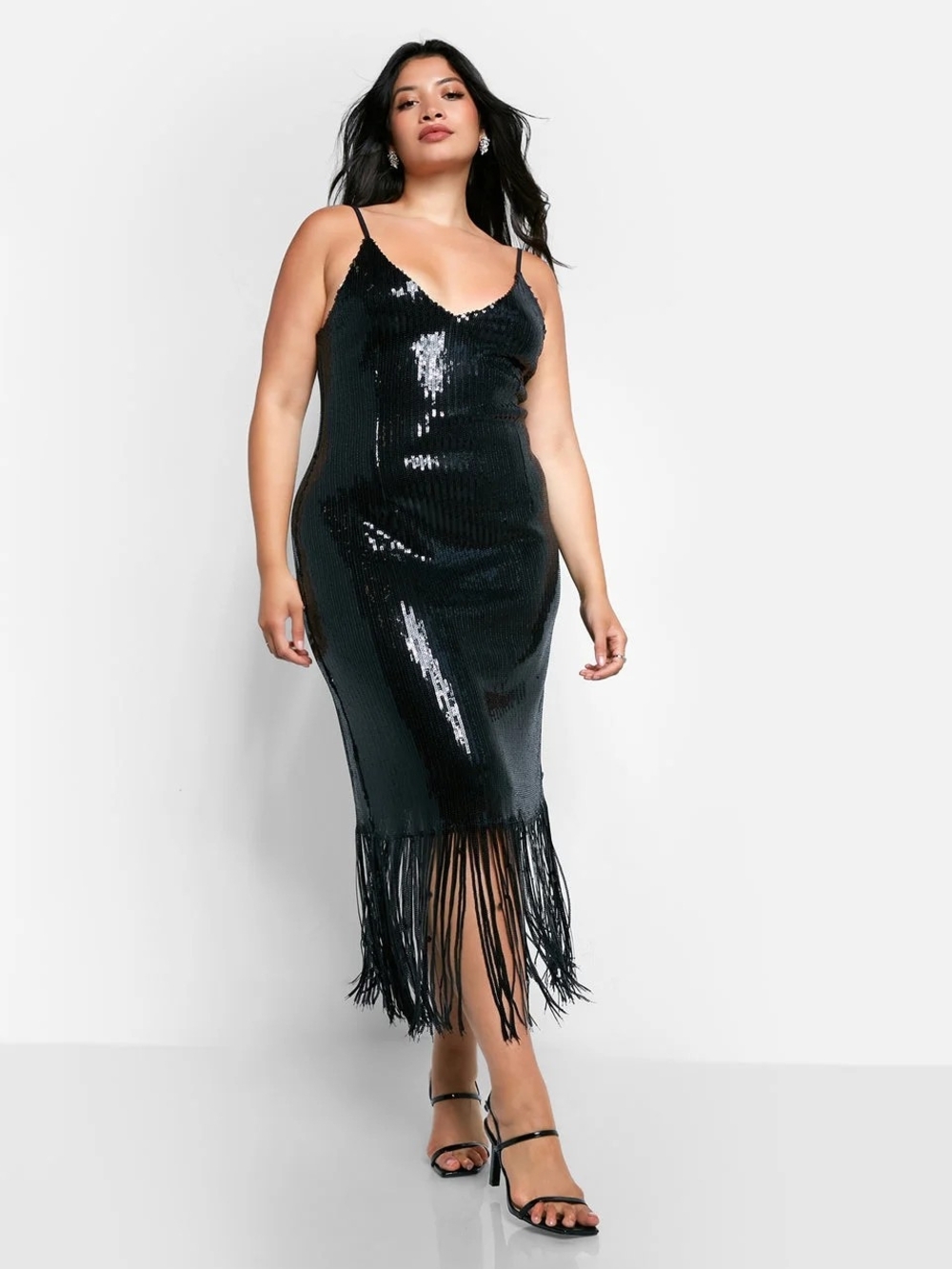 Rebdolls Chiara Sequin Fringe Midi Slip Dress Black Size 2X (18/20)